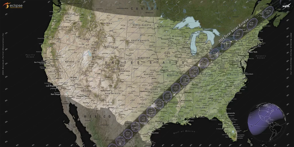 The April 8, 2024, solar eclipse will be visible in the entire contiguous United States, weather permitting. People along the path of totality stretching from Texas to Maine will have the chance to see a total solar eclipse; outside this path, a partial solar eclipse will be visible.