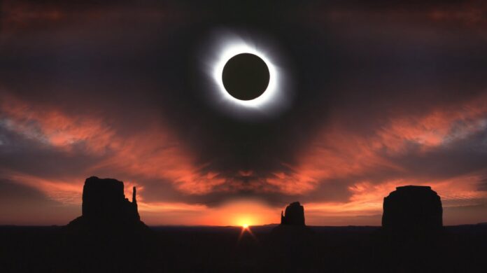 Total-solar-eclipse-over-borth-america-april8-2024 Total solar eclipse moment when the solar corona is visible above North America